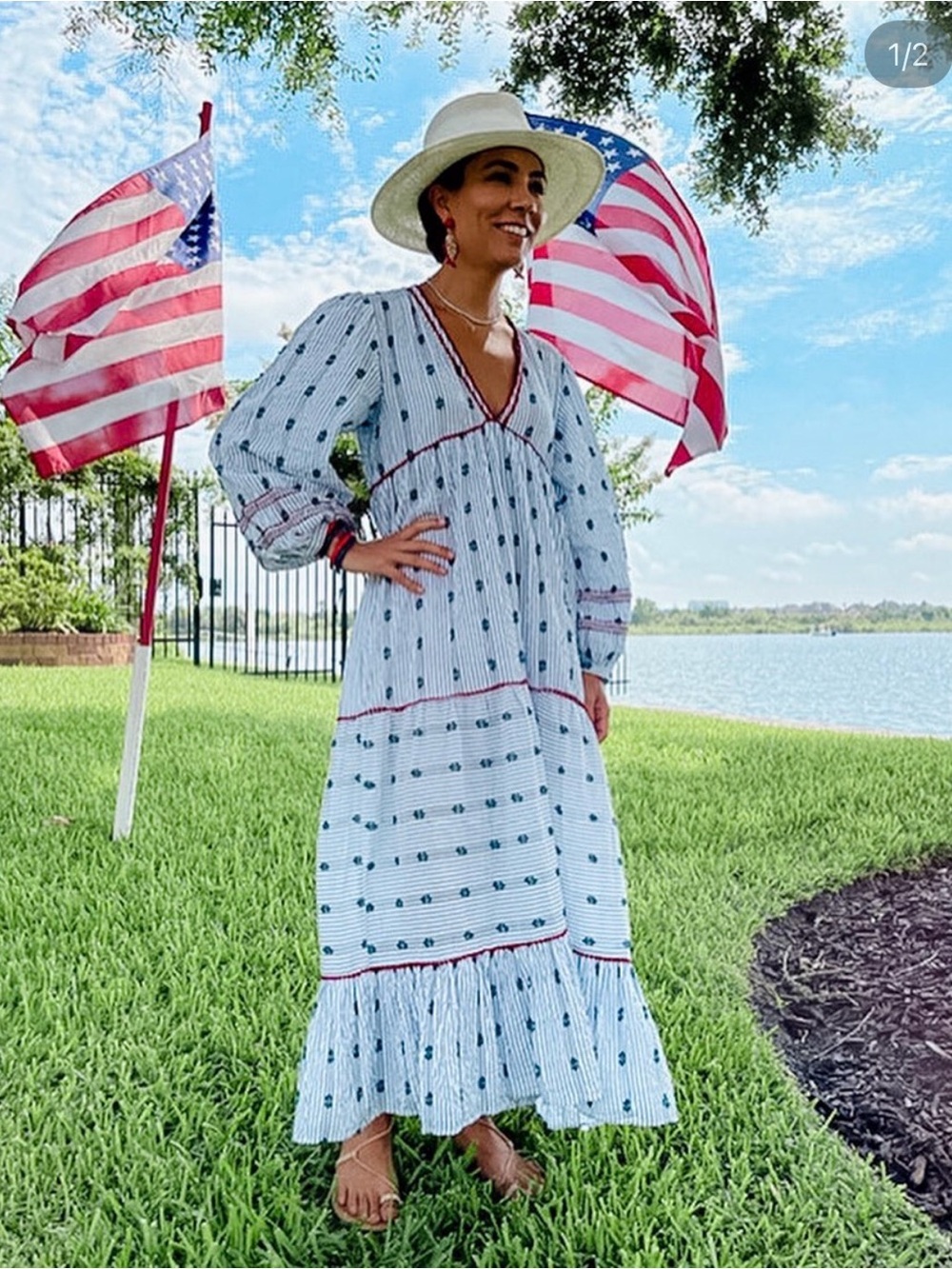 ZARA SEERSUCKER Blue Stripe Maxi Dress with Subtle Dot Print